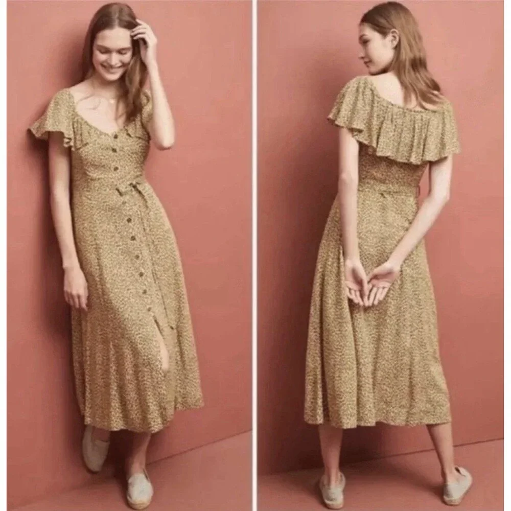 By Anthropologie Size 8 Bolano Leopard Print Midi Dress Ruffle Sleeve Tie Waist